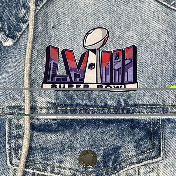 Erin Andrews Super Bowl LVIII Womens Denim Jacket Hoodie Cropped XL NWT - Picture 6 of 16